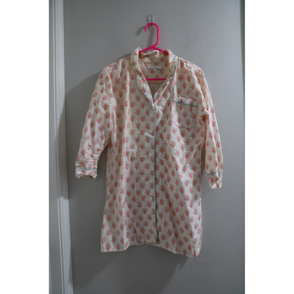 Marigot Sleepshirt Coral Print Button‎ Up Nightgown Pajamas Size S